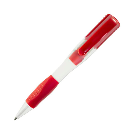 A red and transparent pen with a textured grip and a retractable tip. It features a logo on its body.