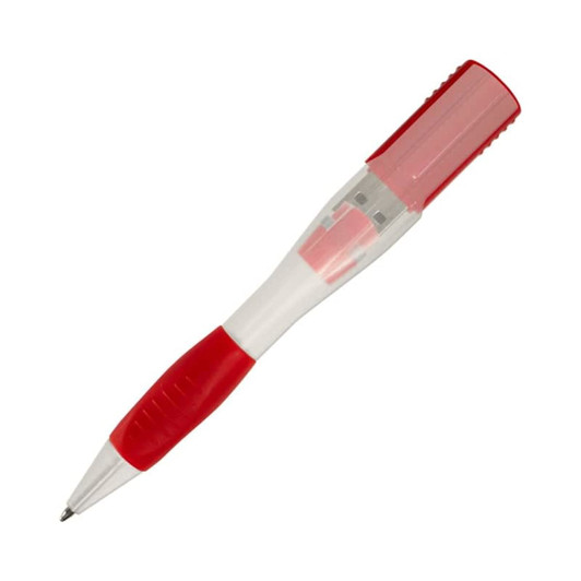 A red and clear pen with a USB flash drive integrated into its design, featuring a simple logo.