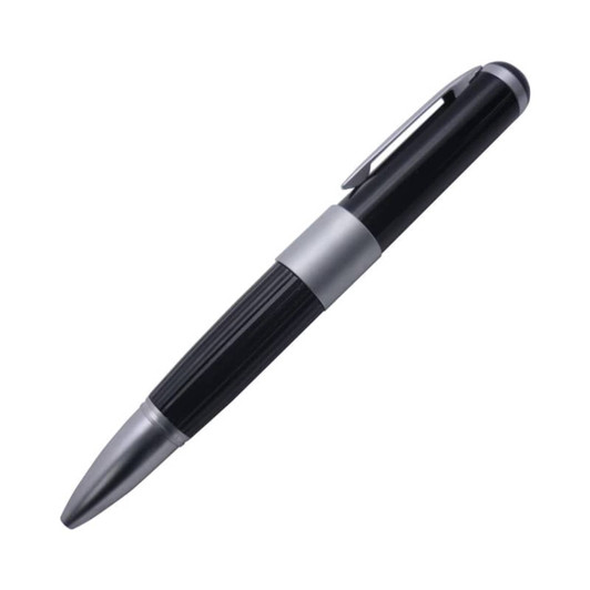 A metal pen in black with silver accents, featuring a sleek design and a clip for easy attachment.