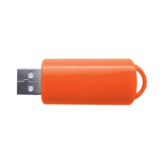 An orange flash drive with a protective cap and a loop for attachment. It features a silver USB connector.