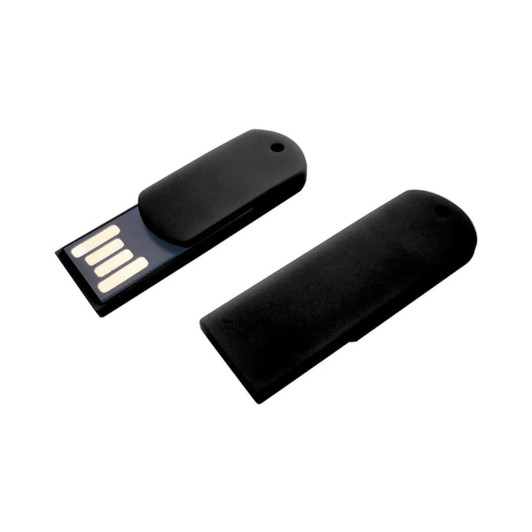A black paper clip flash drive with a removable cover, showcasing its USB connector and a branding logo.