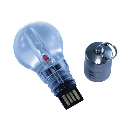 A transparent light bulb-shaped flash drive in clear and silver, with a removable metal cap.