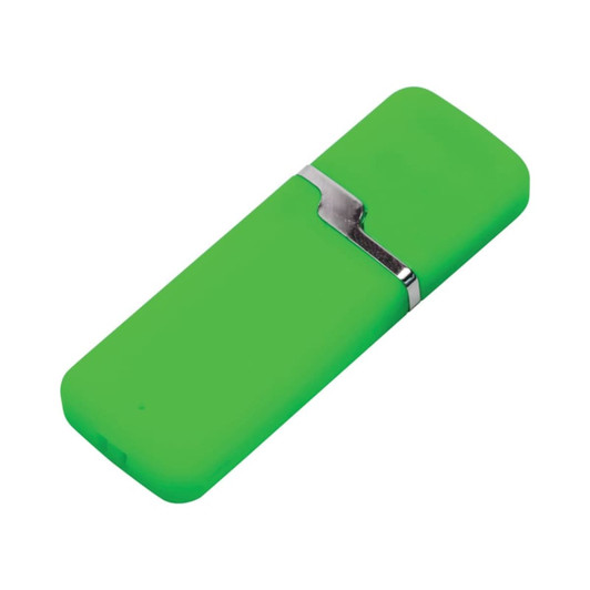A bright green flash drive with a silver clip, featuring a sleek, rounded design and a logo.