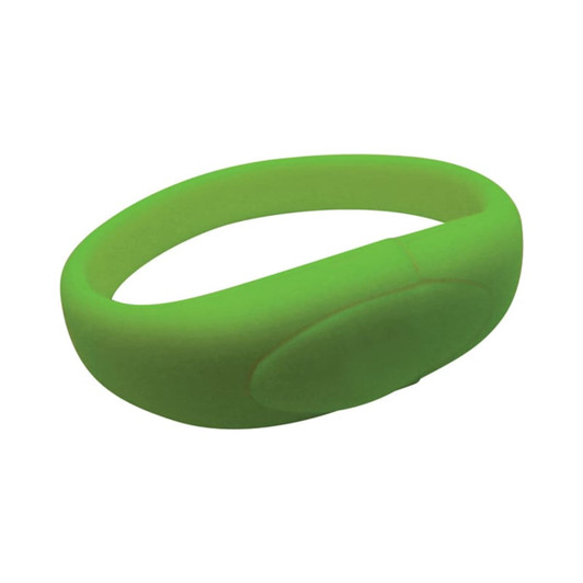 A green silicone wristband with a smooth surface and a simple design, featuring a branding logo.