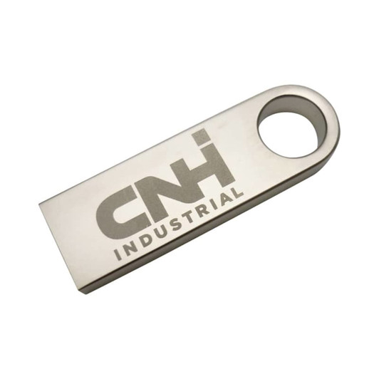 A metallic silver flash drive with a hole for attaching to keychains and a logo on the surface.