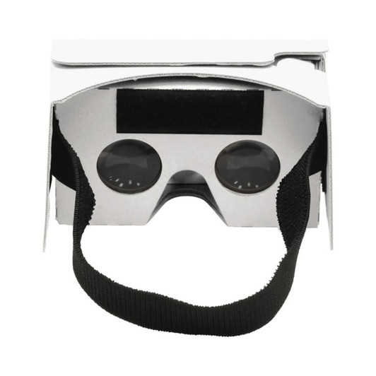A pair of white virtual reality glasses with black lenses and a black adjustable strap.