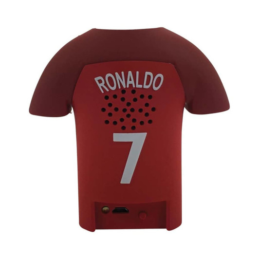 A red custom moulded Bluetooth speaker styled as a football shirt with a number 7 and a logo.
