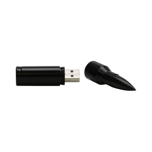 A black Bullet Flash Drive with a cap shaped like a bullet tip, showcasing a sleek design.