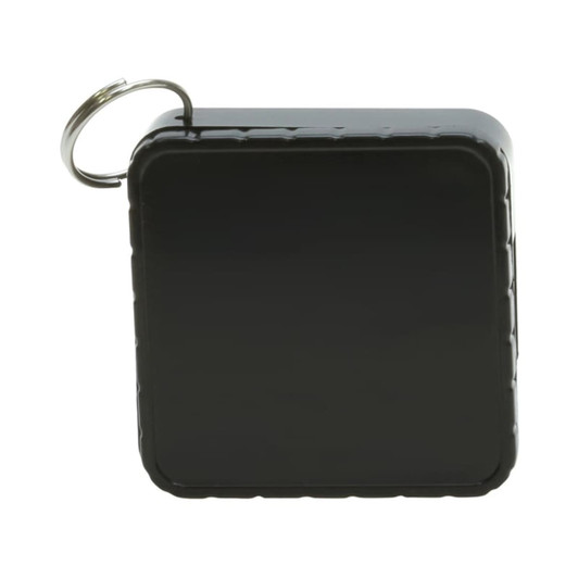 A square black flash drive featuring a metal loop attachment for convenience.