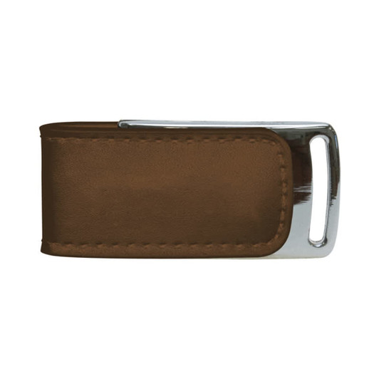 A brown leather flash drive with a shiny silver metal clip, featuring a logo.
