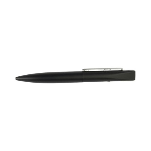 A black metal pen with a sleek design and a silver clip, featuring a logo on the side.