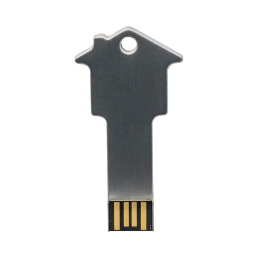 A silver USB flash drive shaped like a house key, featuring a gold connector and a key ring hole.