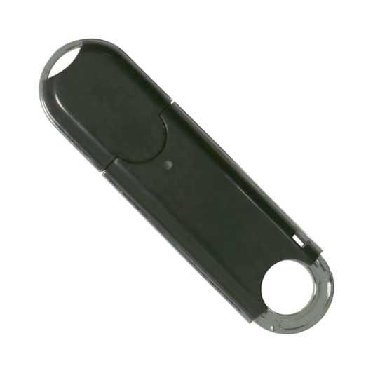A black flash drive with a rounded shape and a transparent cover. It features a logo on its surface.