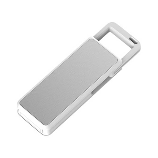 A sleek, silver and white Castula flash drive with a textured surface and a loop for easy attachment.
