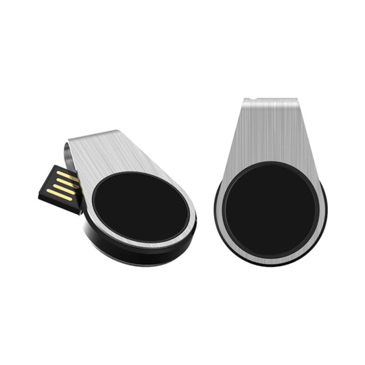 A silver and black Monika LED flash drive featuring a sleek design and a branding logo.