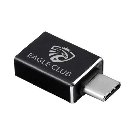 A black USB 3.0 to Type-C adapter with a metallic connector and a logo on the side.