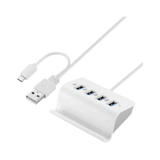 A white USB hub with five ports and a connecting cable, designed for device connectivity.