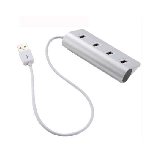 A silver USB hub with four ports and a connected USB cable. It features a slim, modern design and has a logo.