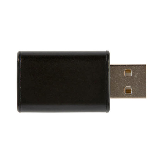 A black USB data blocker with a metallic connector on one end. It features a sleek, cylindrical design.