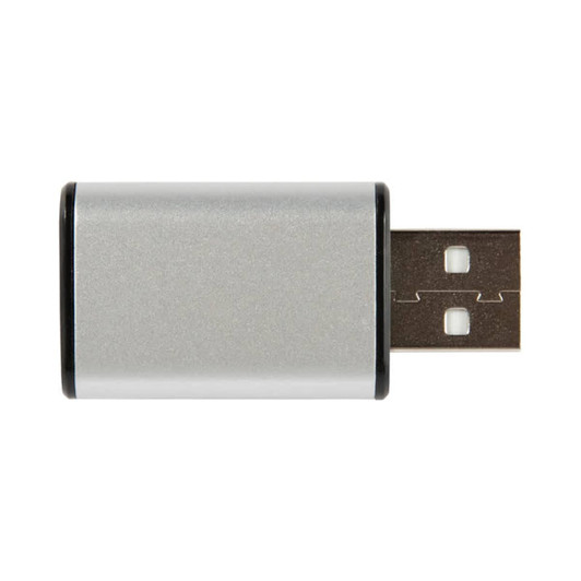A metal USB data blocker in silver with black accents, featuring a standard USB connector.