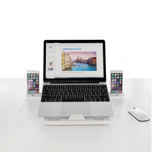 A foldable laptop stand in white, supporting a laptop and two smartphones, featuring a sleek design.