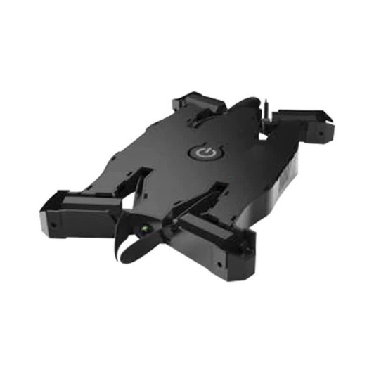 A black foldable drone with a compact design and an integrated propeller. It features a power button and has a logo.
