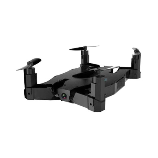 A foldable black drone with four rotors, featuring a compact design and a camera lens.