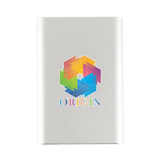 A silver USB 3.0 hard drive featuring a multicoloured logo on the front.