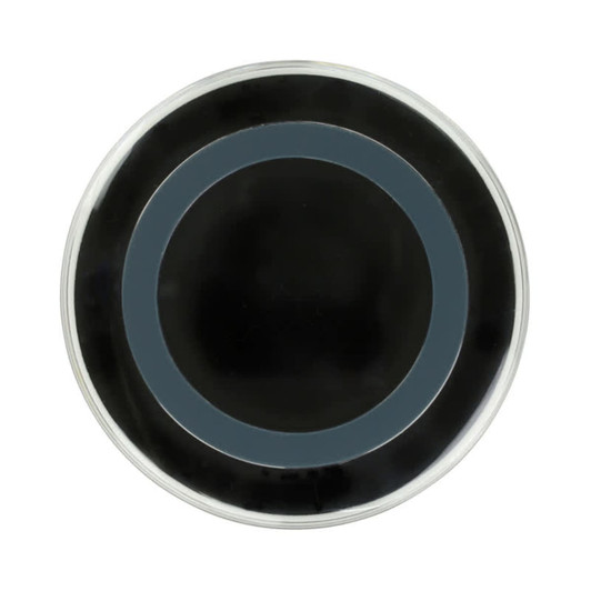 A round, black wireless charger with a grey accent ring and a sleek, glossy surface. Features a branding logo.