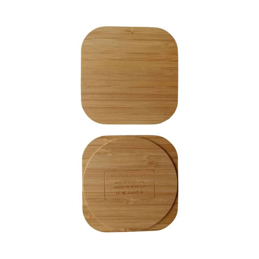 A bamboo wireless charger in a square shape with rounded edges, featuring a subtle logo on the surface.