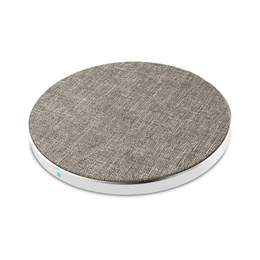 A round wireless charger featuring a grey tweed fabric surface and a sleek white base. It includes a small logo.
