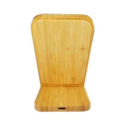 A wireless charger made of bamboo, featuring a sleek, natural wood design. It has a single charging surface and a connector port.