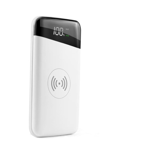 A white wireless power bank with a digital display, featuring a logo and a charging icon.