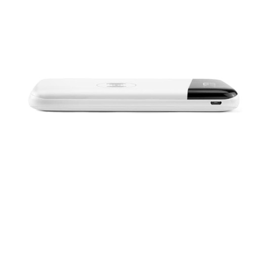 A white Marlow Wireless Power Bank with a black accent, featuring a logo on the top and one USB port.