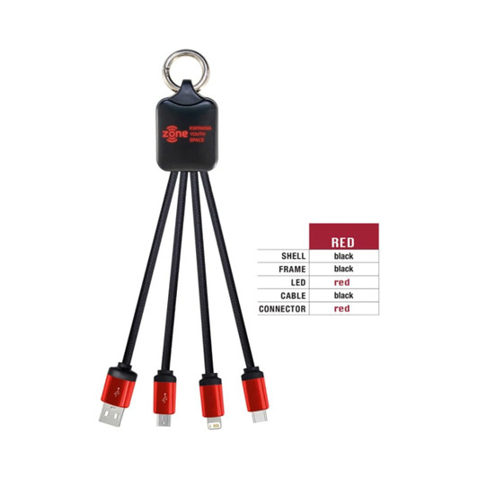A red and black charging cable with a keyring holder, featuring multiple connectors for different devices.