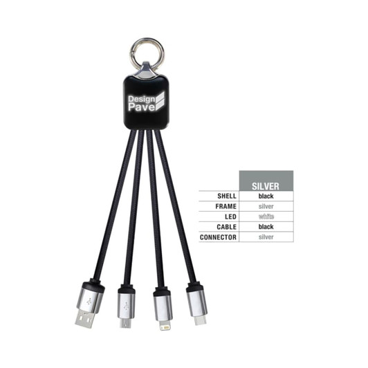 A charging cable in black and silver, featuring multiple connectors and a keyring attachment. It has a logo on the shell.