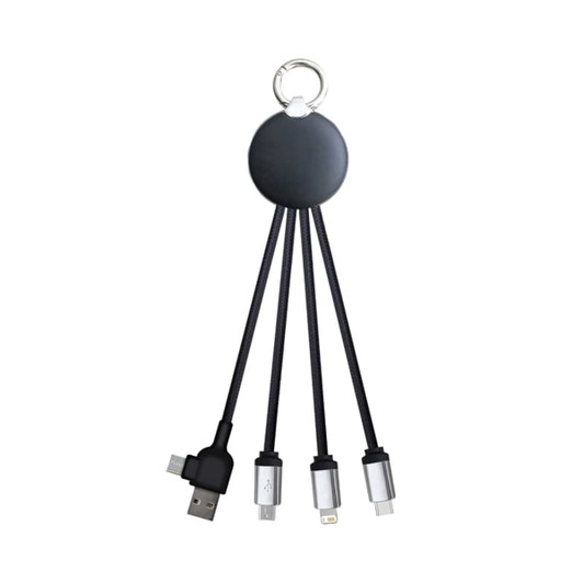 A charging cable with four connectors, featuring a round black holder and black braided cords.