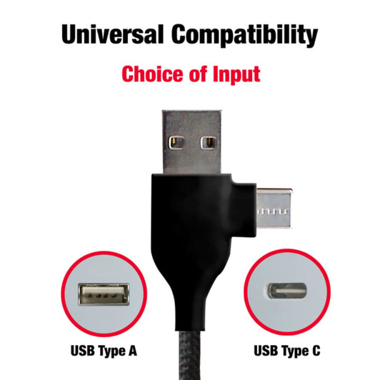 A charging cable featuring USB Type A and USB Type C connectors. The cable is black and has a branding logo.
