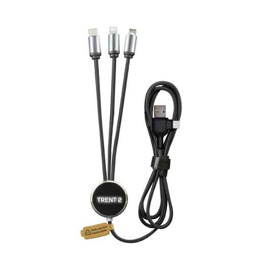 A charging cable with three connectors, featuring a black and silver design and a circular logo.