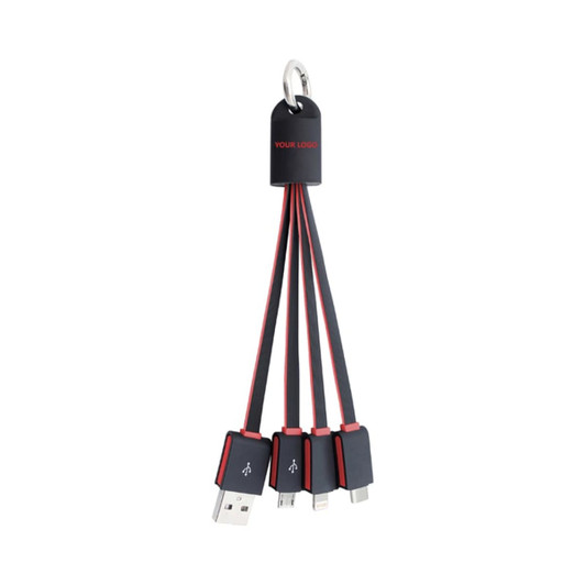 A flat charging cable with multiple connectors: USB, micro USB, and USB-C, in black with red accents and a logo.