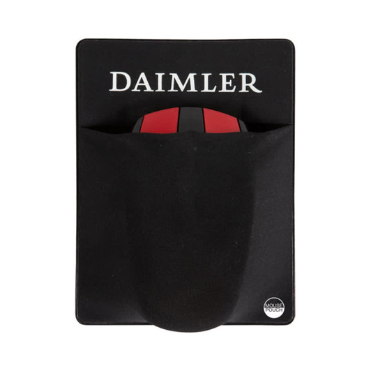 A black mouse pouch with a red and black mouse incorporated, featuring a logo at the top.