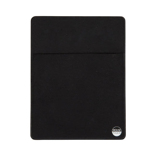 A black mouse pouch with a smooth surface and a logo on the bottom right corner.