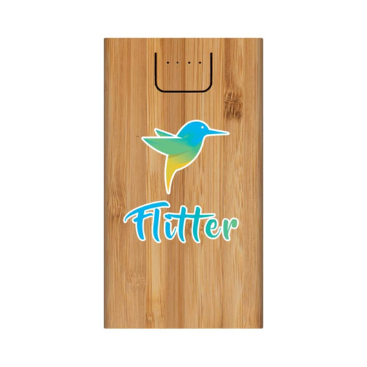 A bamboo wireless power bank in natural wood finish, featuring a colourful logo with a bird design.