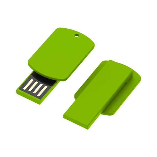 A green flash drive with a sliding mechanism and a hole for attachment, featuring a logo on one side.