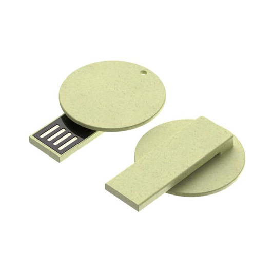 A round, green eco-friendly flash drive with a sliding cover and a small hole for attachment. It features a logo.