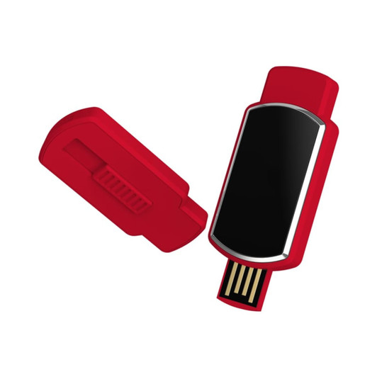 A red LED flash drive with a removable cap, featuring a sleek design and a branding logo.