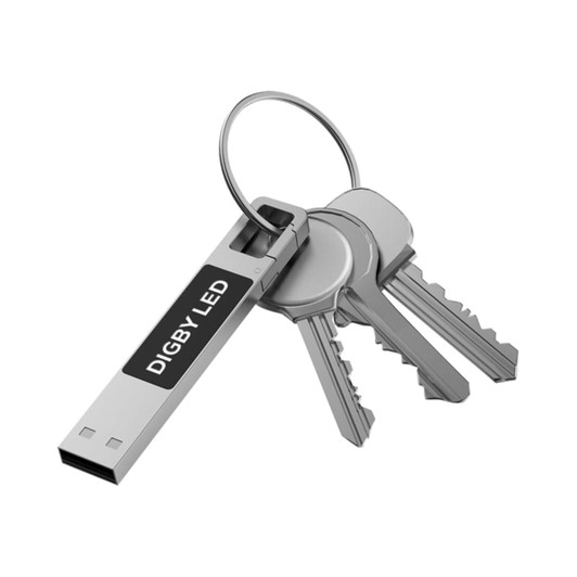 A silver LED flash drive attached to a keyring with several metal keys. The drive has a branding logo.