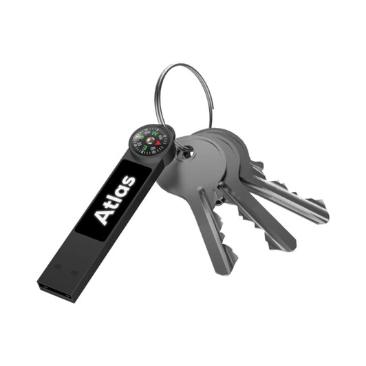 A black Atlas LED flash drive attached to a keyring alongside several keys, featuring a compass on the end.