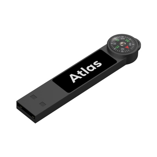 A black Atlas LED flash drive featuring a built-in compass on one end and has a logo printed on the surface.
