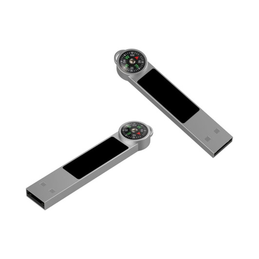 A silver LED flash drive with a compass on top, featuring a sleek design and a smooth finish.